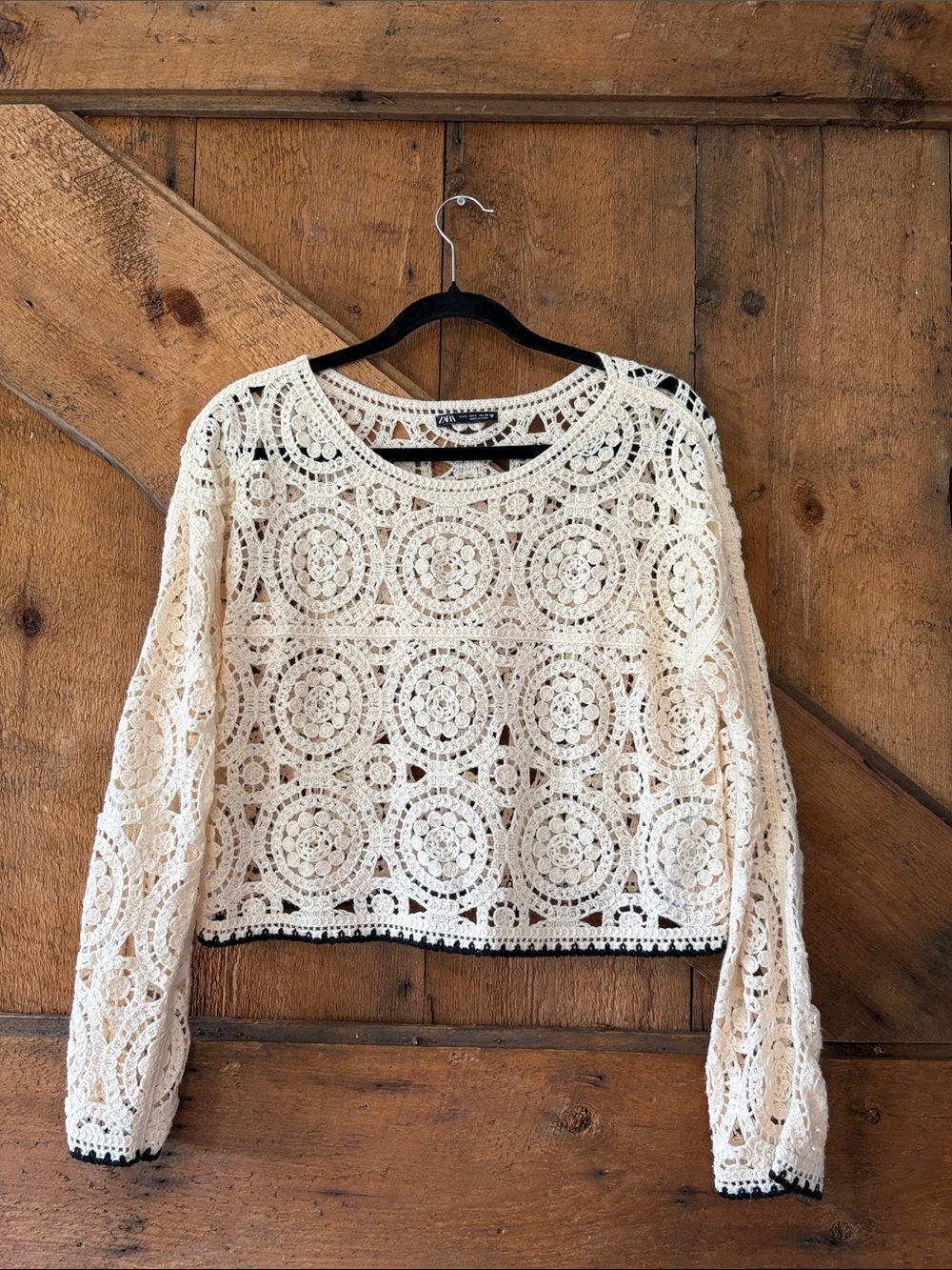 Zara Cream Crochet Circle Lace Long Sleeve Top with Black Trim